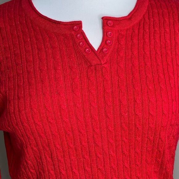 Laura scott Red Cable Knit Notched Scoop Neck Henley Style Pullover Sweater - Picture 3 of 7